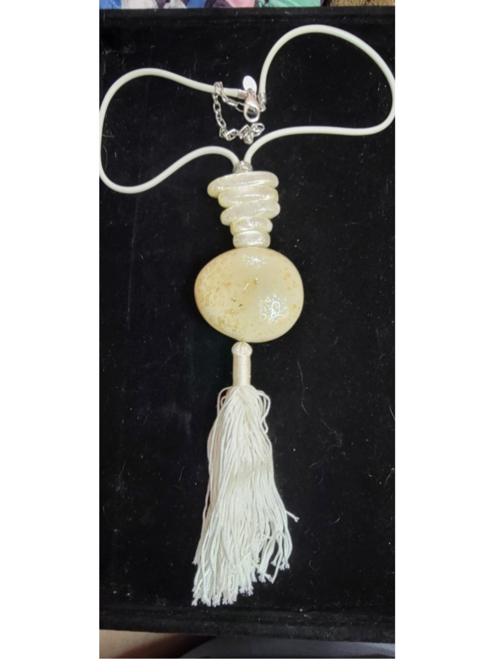Chico’s White Tassel Statement Necklace Oversized Bead Pendant Boho Resort